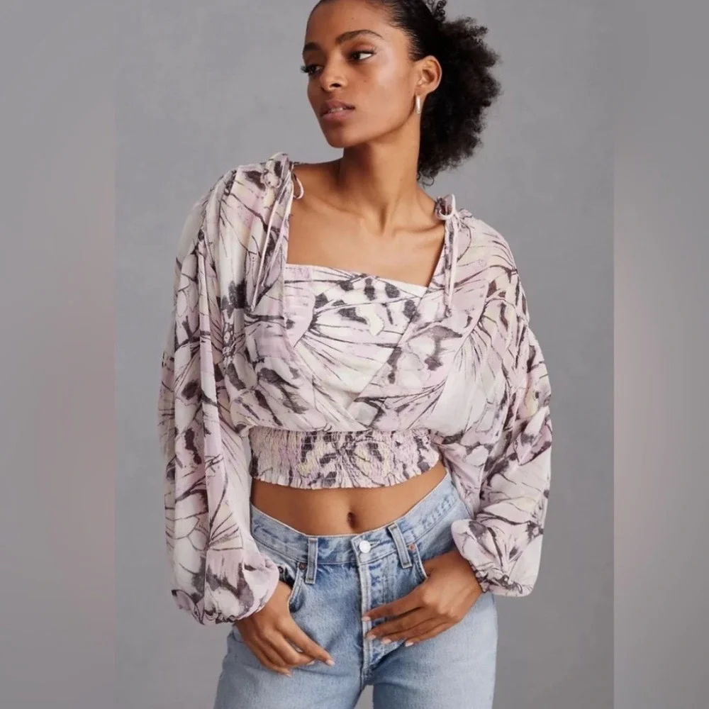 Anthropologie Sheer Cropped Puff Sleeve Abstract Print Top‎ S